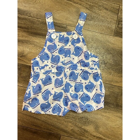 Vintage Lily-Kids Romper size 1 1980’s Light blue with Whales 0-6 mos bibs - Picture 1 of 2